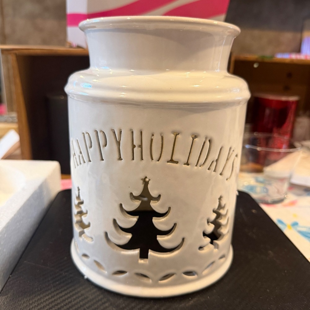 Pink Zebra White Ceramic Christmas Luminary Happy Holidays Let It Snow Cutout